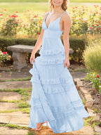 Decebal | Vestido de fiesta largo de gasa rosa con volantes escalonados y corte A