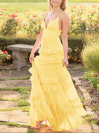 Decebal | Vestido de fiesta largo de gasa rosa con volantes escalonados y corte A