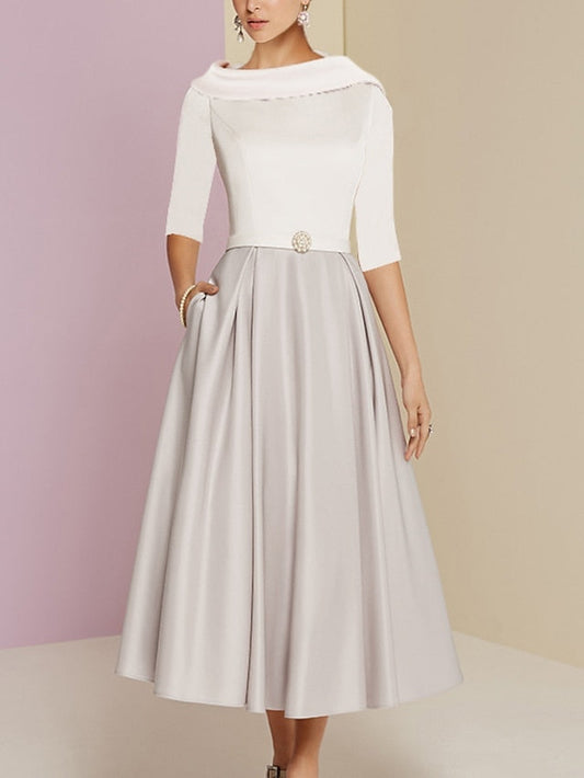 Vestidos de madre de la novia de corte A/princesa, escote joya, media manga, largo hasta la rodilla, con bolsillos y pliegues