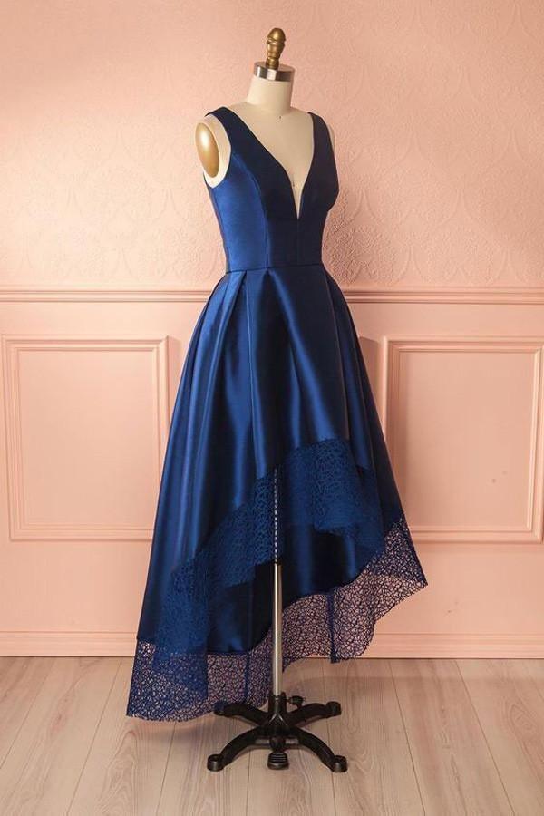 Vestidos de fiesta de satén con escote en V azul oscuro, de encaje, de dama de honor, PG384