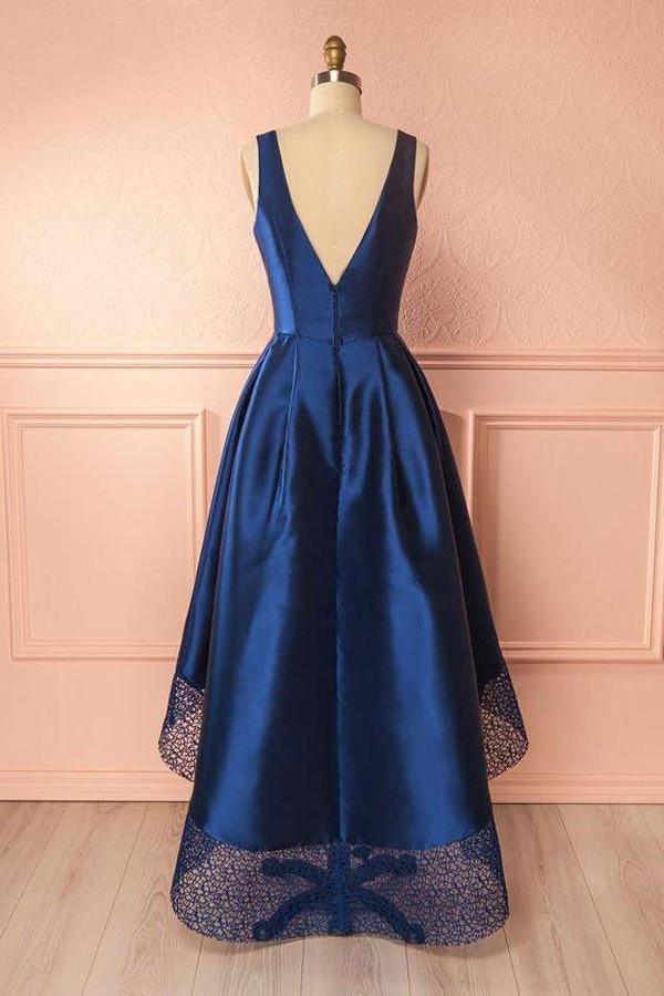 Vestidos de fiesta de satén con escote en V azul oscuro, de encaje, de dama de honor, PG384