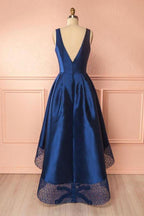 Vestidos de fiesta de satén con escote en V azul oscuro, de encaje, de dama de honor, PG384