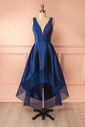 Vestidos de fiesta de satén con escote en V azul oscuro, de encaje, de dama de honor, PG384