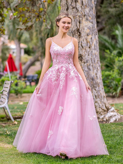 Bodenlanges Ballkleid aus Tüll mit tiefem V-Ausschnitt und Spitzenapplikation