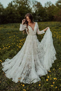 Vestido de novia bohemio con escote en V profundo y manga larga, estilo rústico, WD373