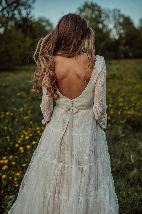 Vestido de novia bohemio con escote en V profundo y manga larga, estilo rústico, WD373