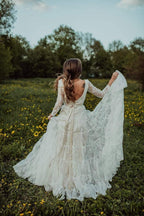 Vestido de novia bohemio con escote en V profundo y manga larga, estilo rústico, WD373