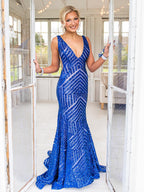Nina | Vestido de fiesta largo estilo sirena con lentejuelas rosas y escote en V profundo