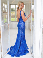 Nina | Vestido de fiesta largo estilo sirena con lentejuelas rosas y escote en V profundo