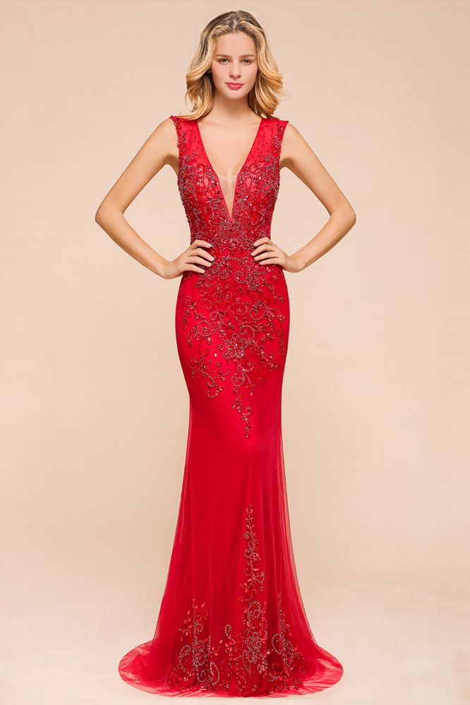 Vestido largo de noche con escote en V profundo, sin mangas, con apliques de encaje, corte A, de gasa