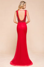 Vestido largo de noche con escote en V profundo, sin mangas, con apliques de encaje, corte A, de gasa