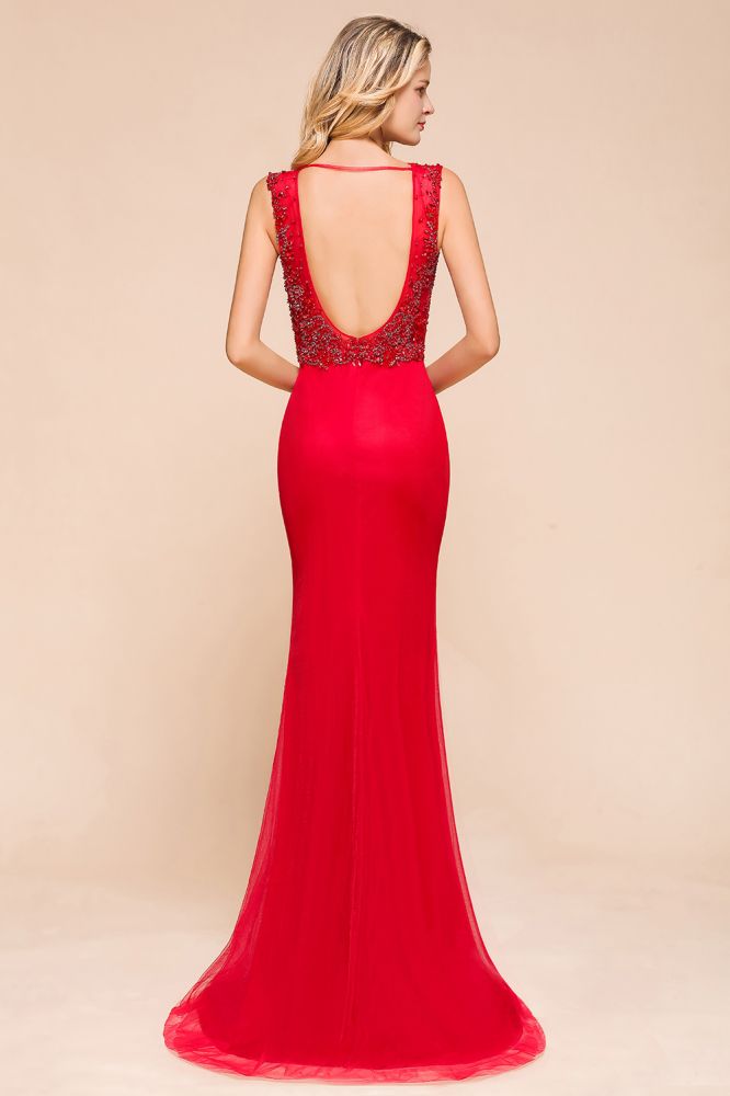 Vestido largo de noche con escote en V profundo, sin mangas, con apliques de encaje, corte A, de gasa