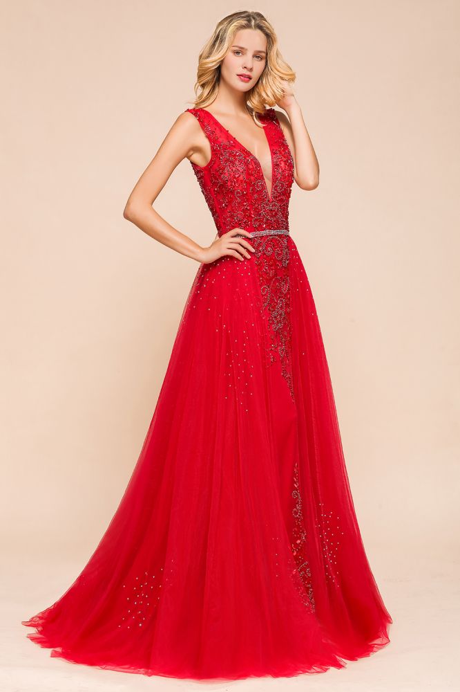 Vestido largo de noche con escote en V profundo, sin mangas, con apliques de encaje, corte A, de gasa