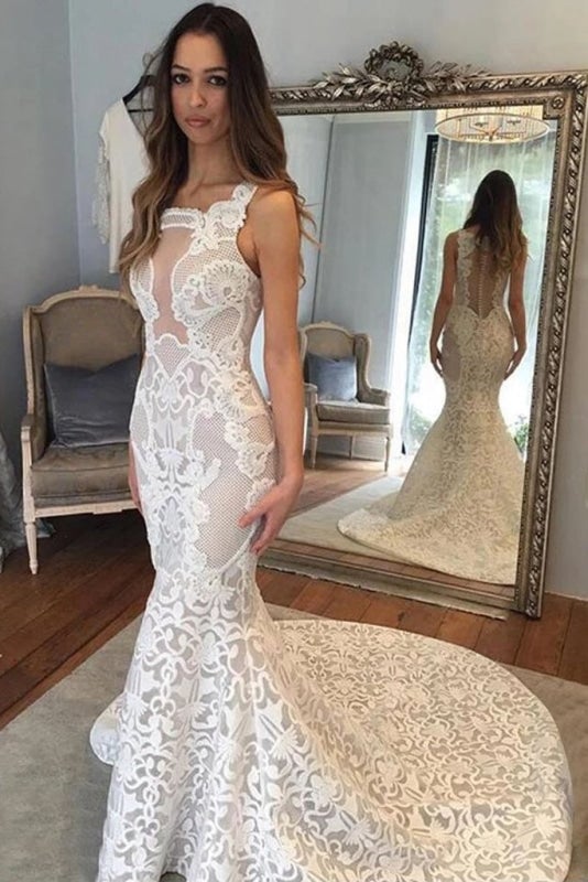 Vestidos de novia elegantes de sirena con encaje y cola de corte de ilusión delicada