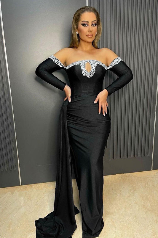 Deluxe Black Floor Length Long Sleeves Mermaid Satin Prom Dress with beads