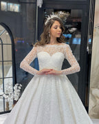 Vestido de novia de lujo de corte A con encaje, mangas largas y volantes, largo hasta el suelo