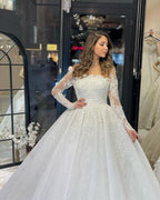 Vestido de novia de lujo de corte A con encaje, mangas largas y volantes, largo hasta el suelo