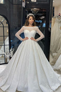 Vestido de novia de lujo de corte A con encaje, mangas largas y volantes, largo hasta el suelo