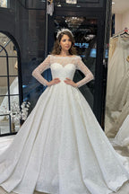 Vestido de novia de lujo de corte A con encaje, mangas largas y volantes, largo hasta el suelo