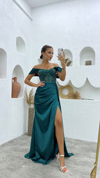 Vestido de fiesta de satén de sirena, sin mangas, con hombros descubiertos y abertura, de lujo
