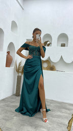 Vestido de fiesta de satén de sirena, sin mangas, con hombros descubiertos y abertura, de lujo