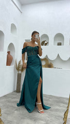 Vestido de fiesta de satén de sirena, sin mangas, con hombros descubiertos y abertura, de lujo