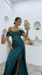 Vestido de fiesta de satén de sirena, sin mangas, con hombros descubiertos y abertura, de lujo