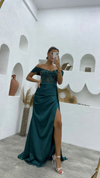 Vestido de fiesta de satén de sirena, sin mangas, con hombros descubiertos y abertura, de lujo