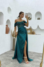 Vestido de fiesta de satén de sirena, sin mangas, con hombros descubiertos y abertura, de lujo