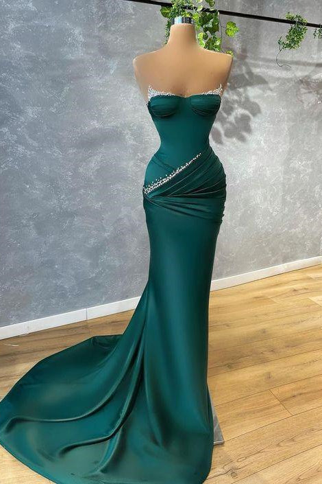 Vestido de fiesta de satén sirena sin mangas, largo hasta el suelo y con volantes