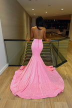 Vestido de fiesta de lujo de sirena, largo hasta el suelo, sin mangas, con lentejuelas y volantes