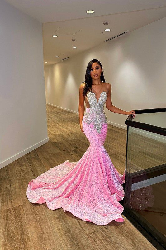 Vestido de fiesta de lujo de sirena, largo hasta el suelo, sin mangas, con lentejuelas y volantes