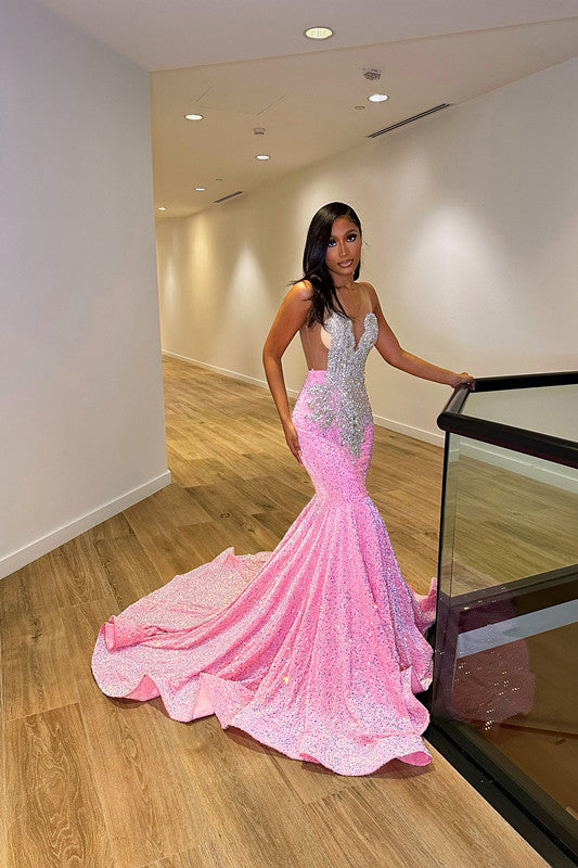 Vestido de fiesta de lujo de sirena, largo hasta el suelo, sin mangas, con lentejuelas y volantes