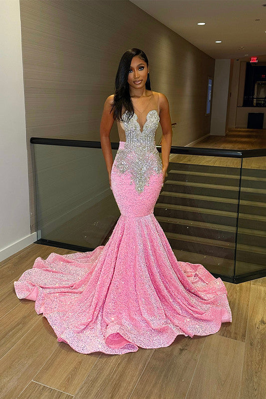 Vestido de fiesta de lujo de sirena, largo hasta el suelo, sin mangas, con lentejuelas y volantes