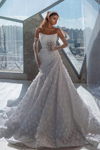 Vestido de novia de lujo, largo hasta el suelo, sin tirantes, sin mangas, con lentejuelas y volantes
