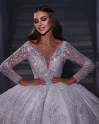 Vestido de novia de lujo con escote en forma de A, mangas largas, lentejuelas y volantes