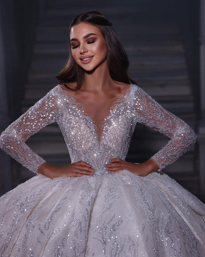 Deluxe Floor Length Sweetheart Long Sleeves A-Line Sequined Wedding Dress with Ruffles