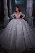 Vestido de novia de lujo con escote en forma de A, mangas largas, lentejuelas y volantes