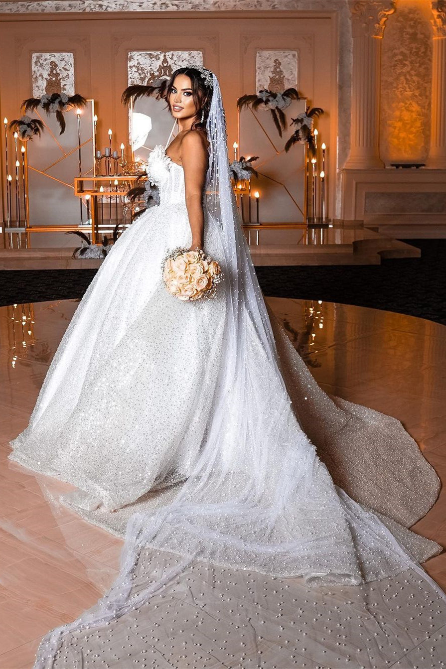 Vestido de novia de lujo con escote en forma de A, sin mangas, largo hasta el suelo, con lentejuelas y cuentas