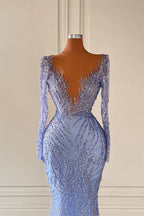 Vestido de fiesta de satén estilo sirena, de lujo, largo hasta el suelo, con escote en V y mangas largas, con cuentas