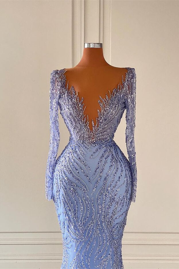 Vestido de fiesta de satén estilo sirena, de lujo, largo hasta el suelo, con escote en V y mangas largas, con cuentas