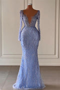 Vestido de fiesta de satén estilo sirena, de lujo, largo hasta el suelo, con escote en V y mangas largas, con cuentas