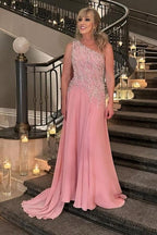 Vestido de gasa de diseño para madre de la novia, corte A, sin mangas, con un hombro al descubierto, color rosa, para dama de honor con apliques