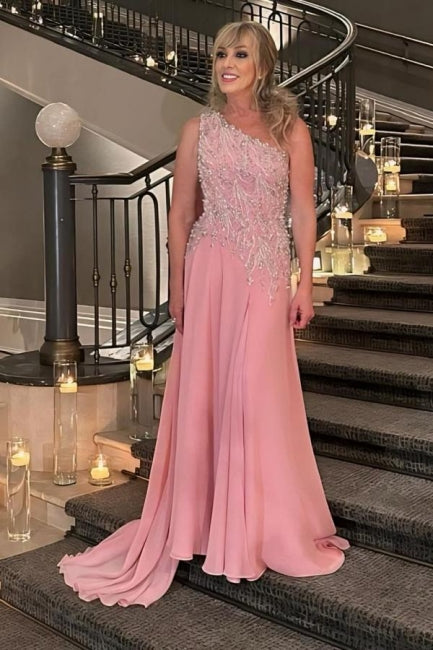 Designer A-Linie Chiffon Kleid für die Brautmutter Ein-Schulter Ärmellos Rosa Brautjungfernkleid Mit Applikationen