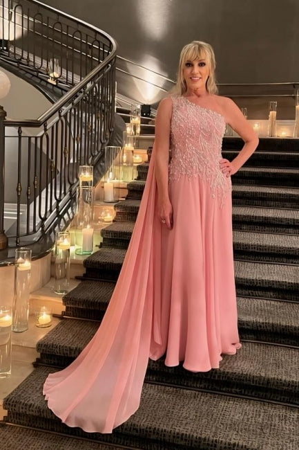 Designer A-Linie Chiffon Kleid für die Brautmutter Ein-Schulter Ärmellos Rosa Brautjungfernkleid Mit Applikationen
