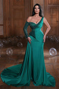 Vestido de fiesta de diseñador de corte A, verde oscuro, con un solo hombro y manga larga