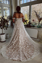 Vestidos de novia de diseñador con corte A, hombros descubiertos, sin mangas y encaje
