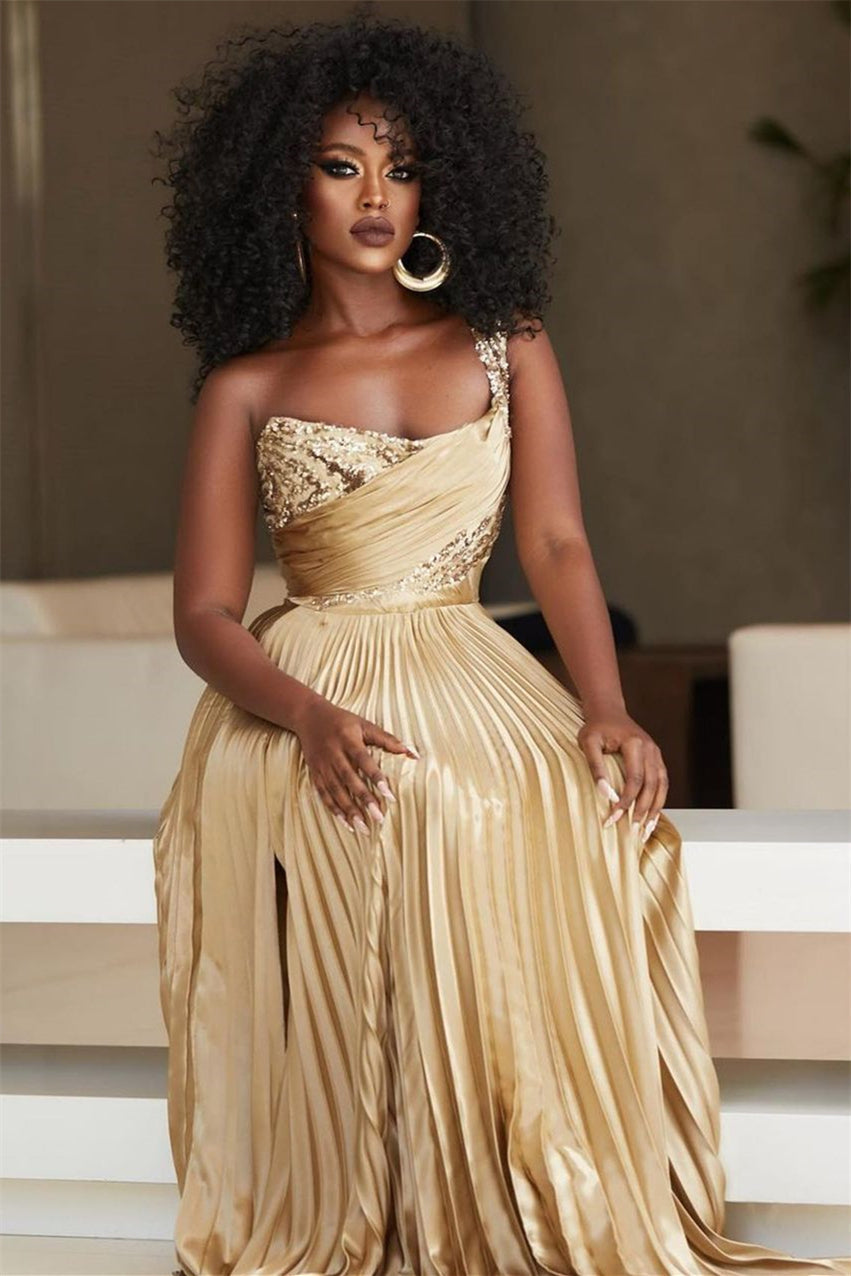 Vestido de fiesta de diseñador con lentejuelas, corte A, un hombro y abertura