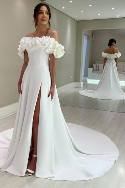 Designer A-Line Satin Off-The-Shoulder Sleeveless White Wedding Dresses With Split