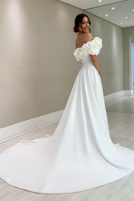 Designer A-Line Satin Off-The-Shoulder Sleeveless White Wedding Dresses With Split